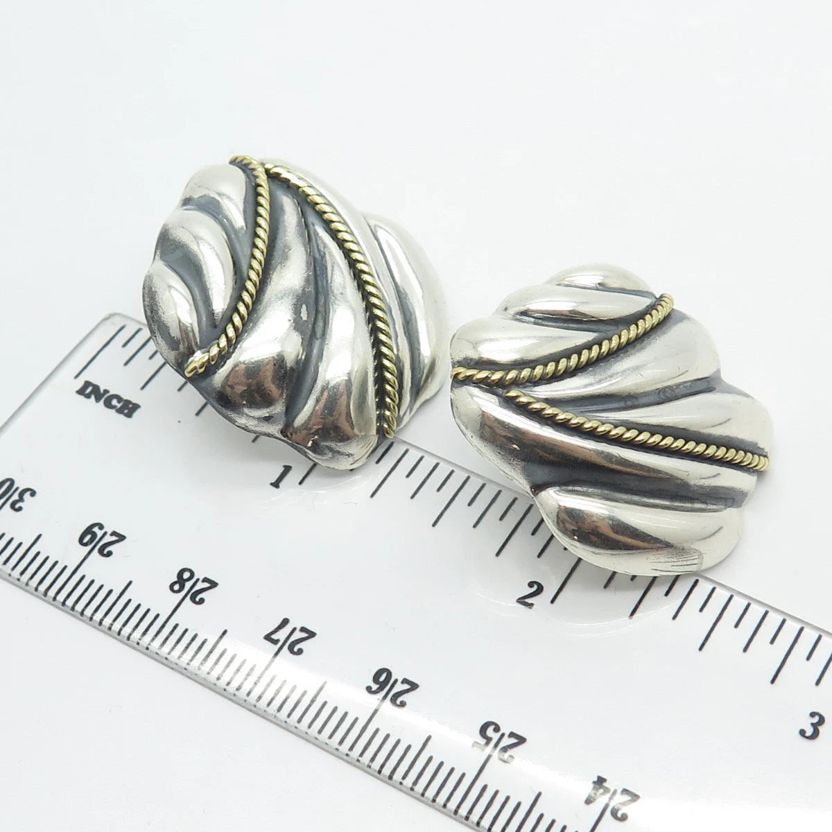 925 Sterling Silver 2-Tone Vintage Mexico Laton Ribbed Earrings