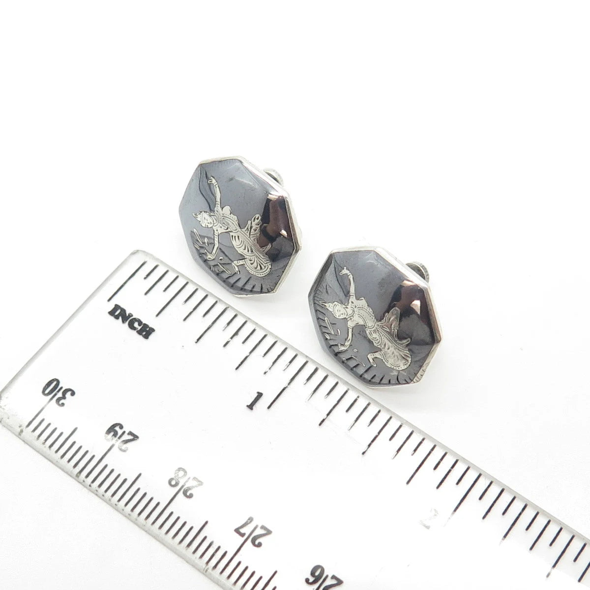 925 Sterling Silver Vintage Siam Niello Hindu Goddess Screw Back Earrings