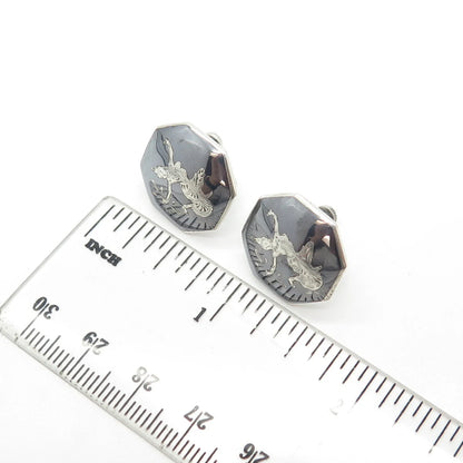 925 Sterling Silver Vintage Siam Niello Hindu Goddess Screw Back Earrings