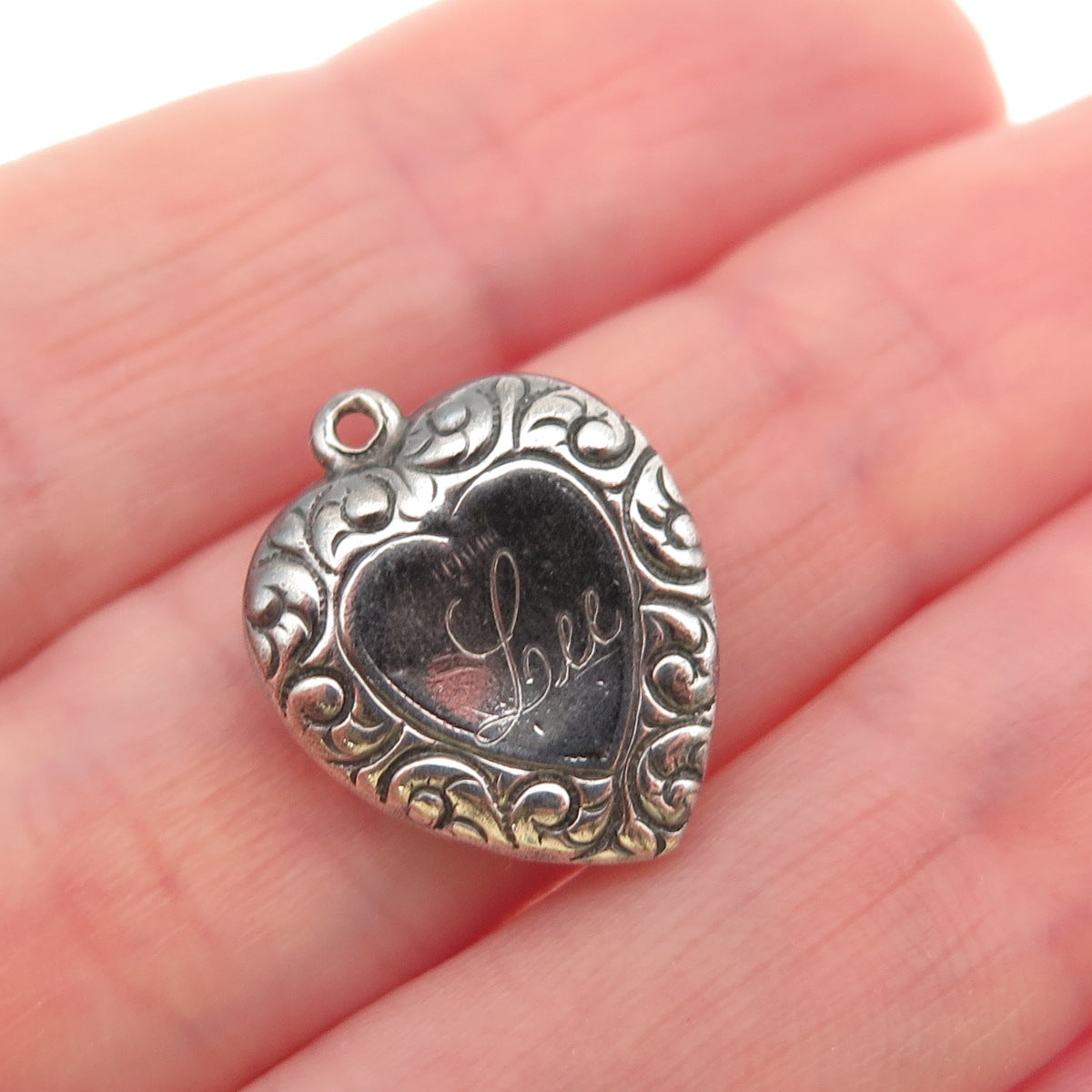 925 Sterling Antique Art Deco Engraved Heart Chatelaine Mini Charm Pendant