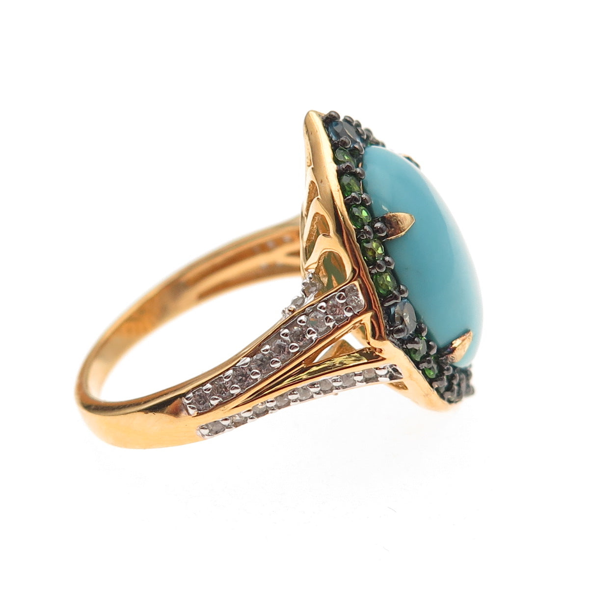 925 Sterling Gold Plated Real Turquoise Peridot Blue White Topaz Ring Size 8.25