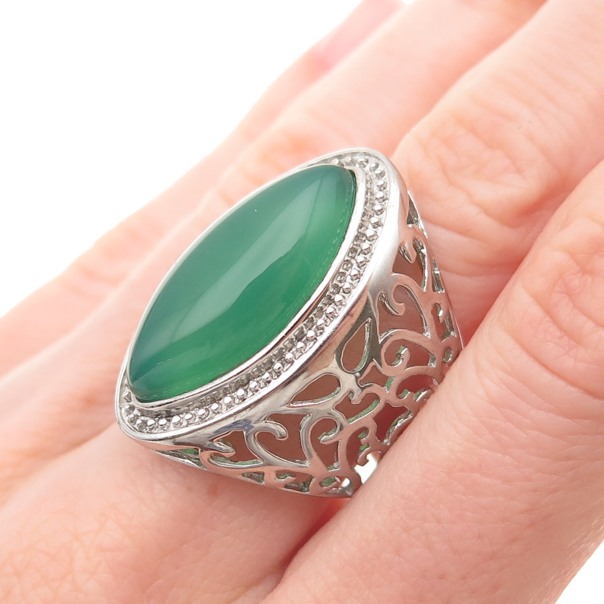 Ken Crafts 925 Sterling Silver Real Green Agate Floral Scroll Ring Size 8.5