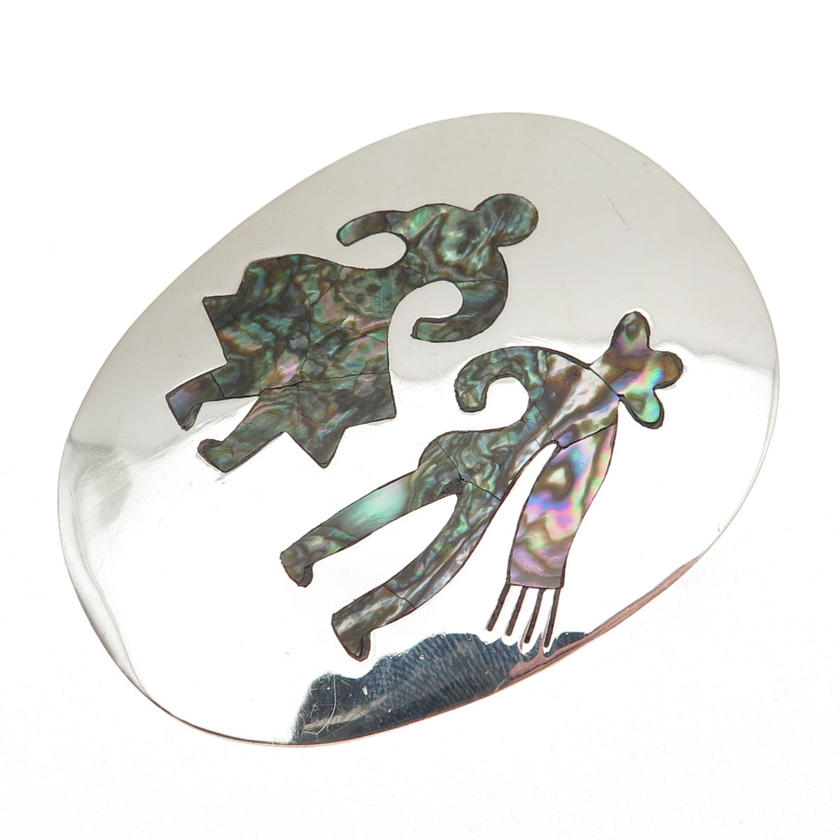 925 Sterling Silver Vintage Mexico Real Abalone Shell Couple Pin Brooch Pendant