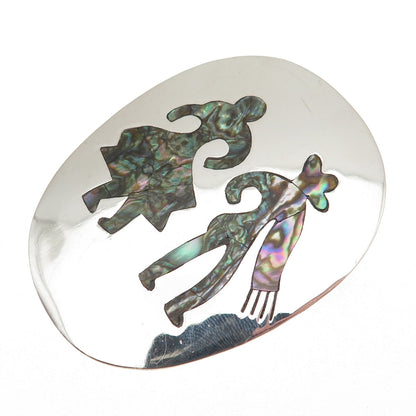 925 Sterling Silver Vintage Mexico Real Abalone Shell Couple Pin Brooch Pendant