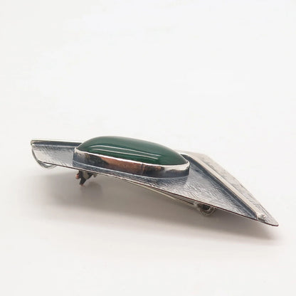 935 Silver Vintage Real Green Onyx Gemstone Textured Pin Brooch / Pendant