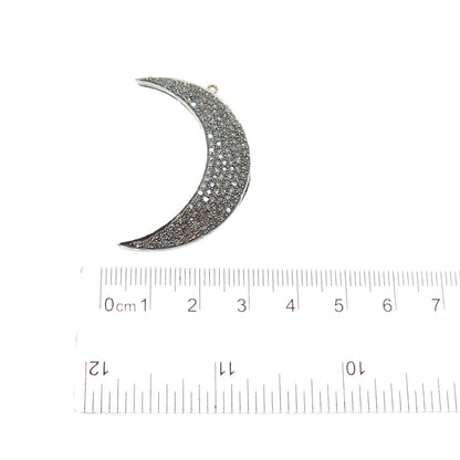 925 Sterling Silver Real Round-Cut Diamond Crescent Moon Oxidized Pendant