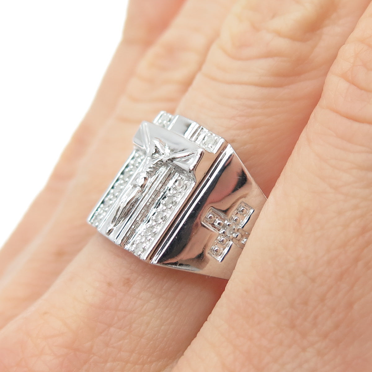 SETA 925 Sterling Silver Real Round-Cut Diamond Crucifix Cross Ring Size 10