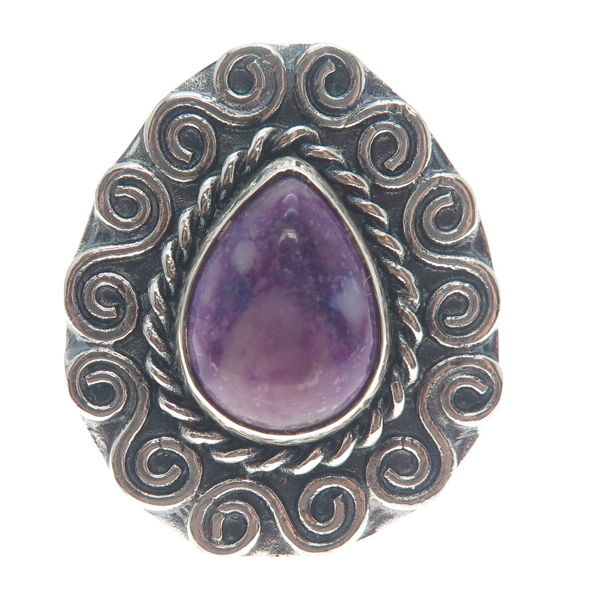 925 Sterling Silver Vintage Real Pear-Cut Charoite Spiral Oxidized Ring Size 8