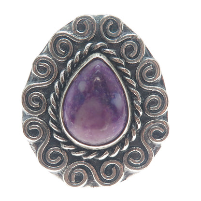 925 Sterling Silver Vintage Real Pear-Cut Charoite Spiral Oxidized Ring Size 8