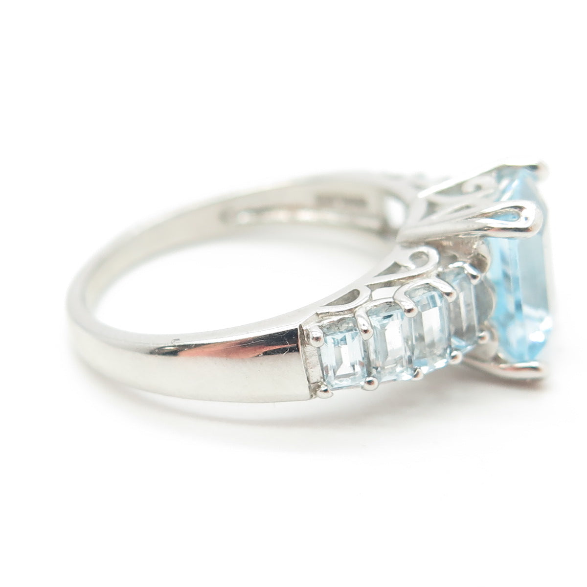 925 Sterling Silver Real Emerald-Cut Blue Topaz Engagement Ring Size 8