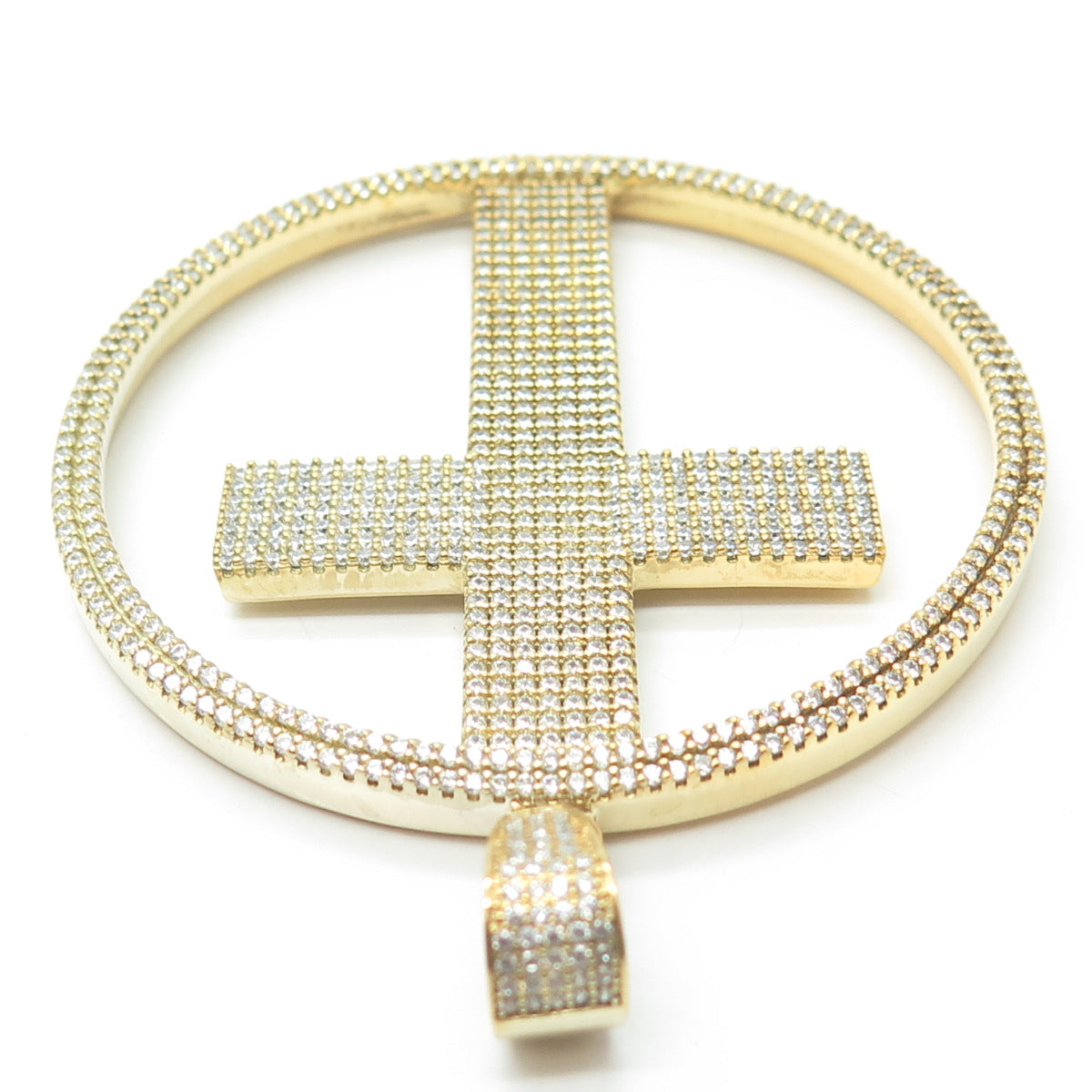 925 Sterling Silver Gold Plated Round-Cut White C Z Cross Pendant