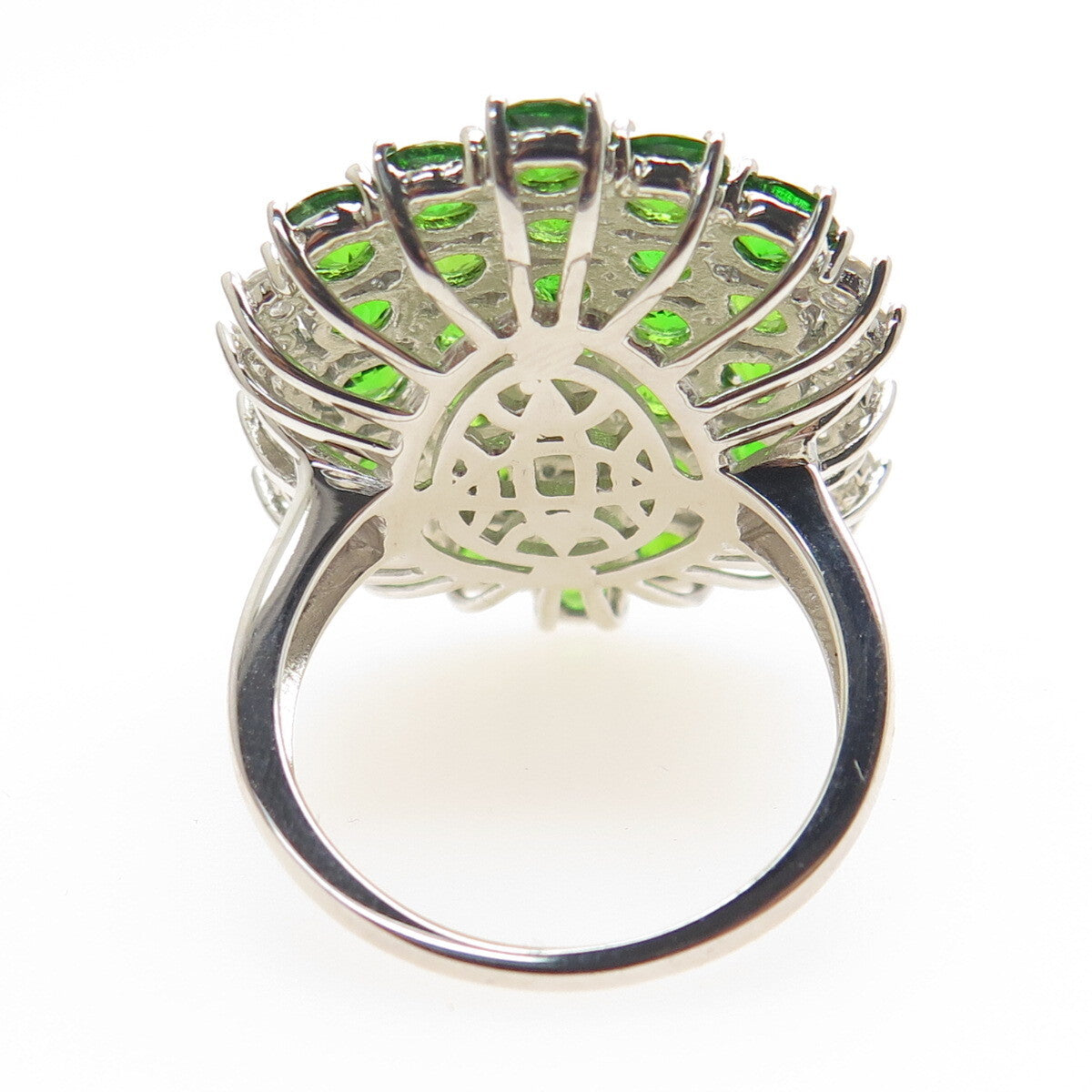 925 Sterling Silver Real Round-Cut Peridot & White Topaz Cluster Ring Size 8