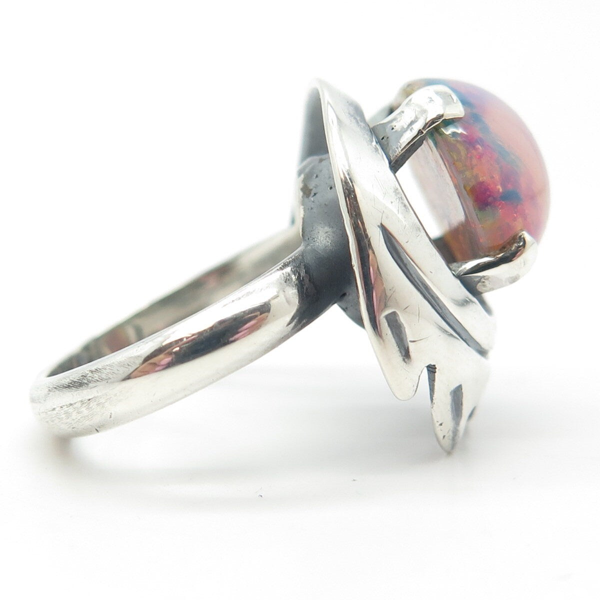 925 Sterling Silver Vintage TAXCO JC Mexico Dragon Foiled Glass Ring Size 5.75