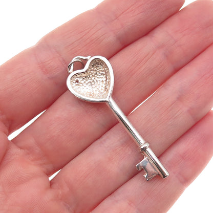925 Sterling Silver Round-Cut C Z Heart Key Charm Pendant