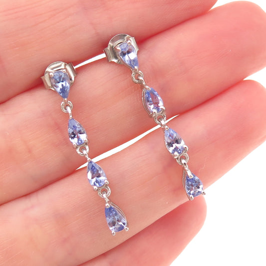 D'Joy 925 Sterling Silver Real Pear-Cut Tanzanite Dangle Earrings