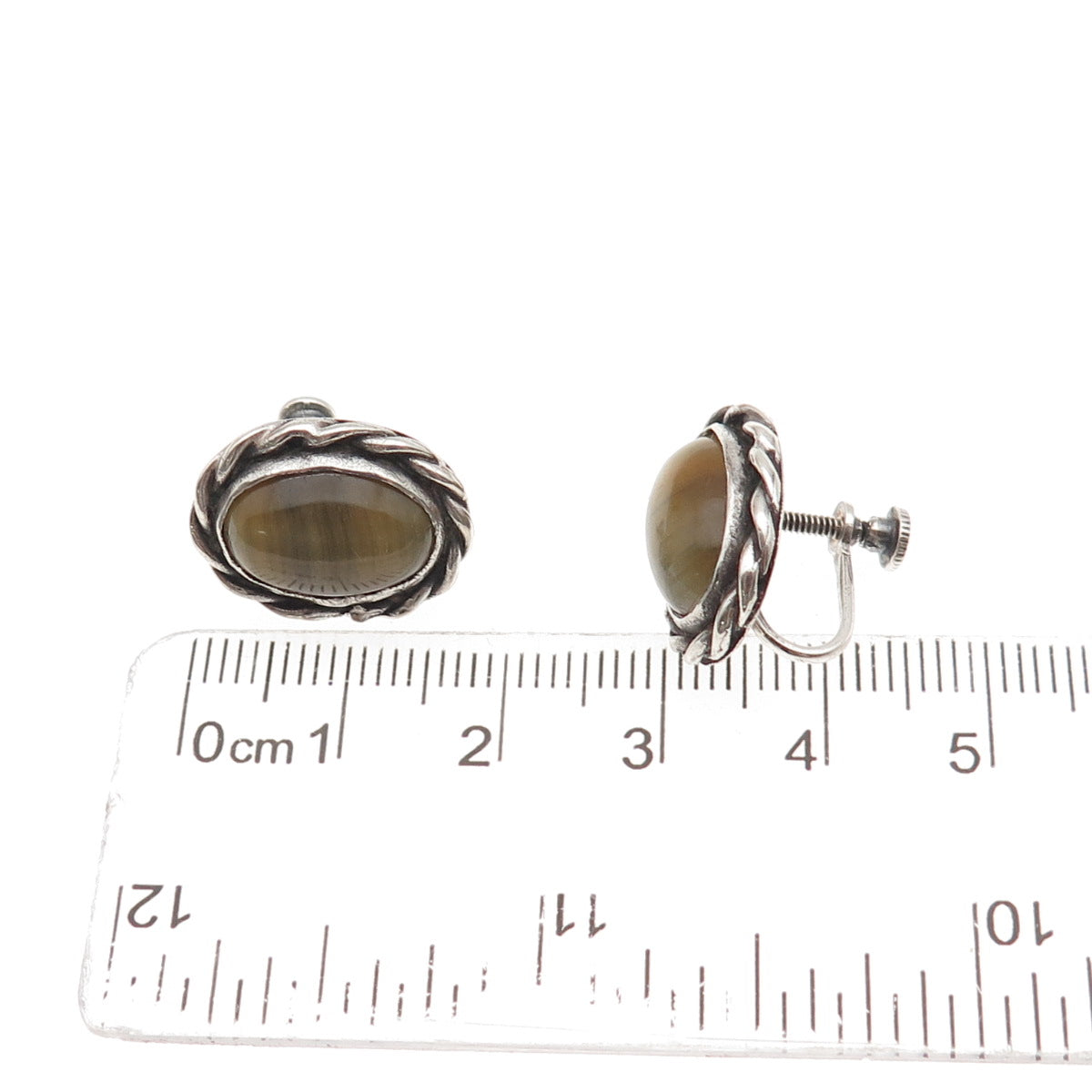 925 Sterling Silver Vintage Real Tiger Eye Oxidized Screw Back Earrings