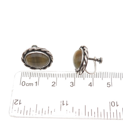 925 Sterling Silver Vintage Real Tiger Eye Oxidized Screw Back Earrings