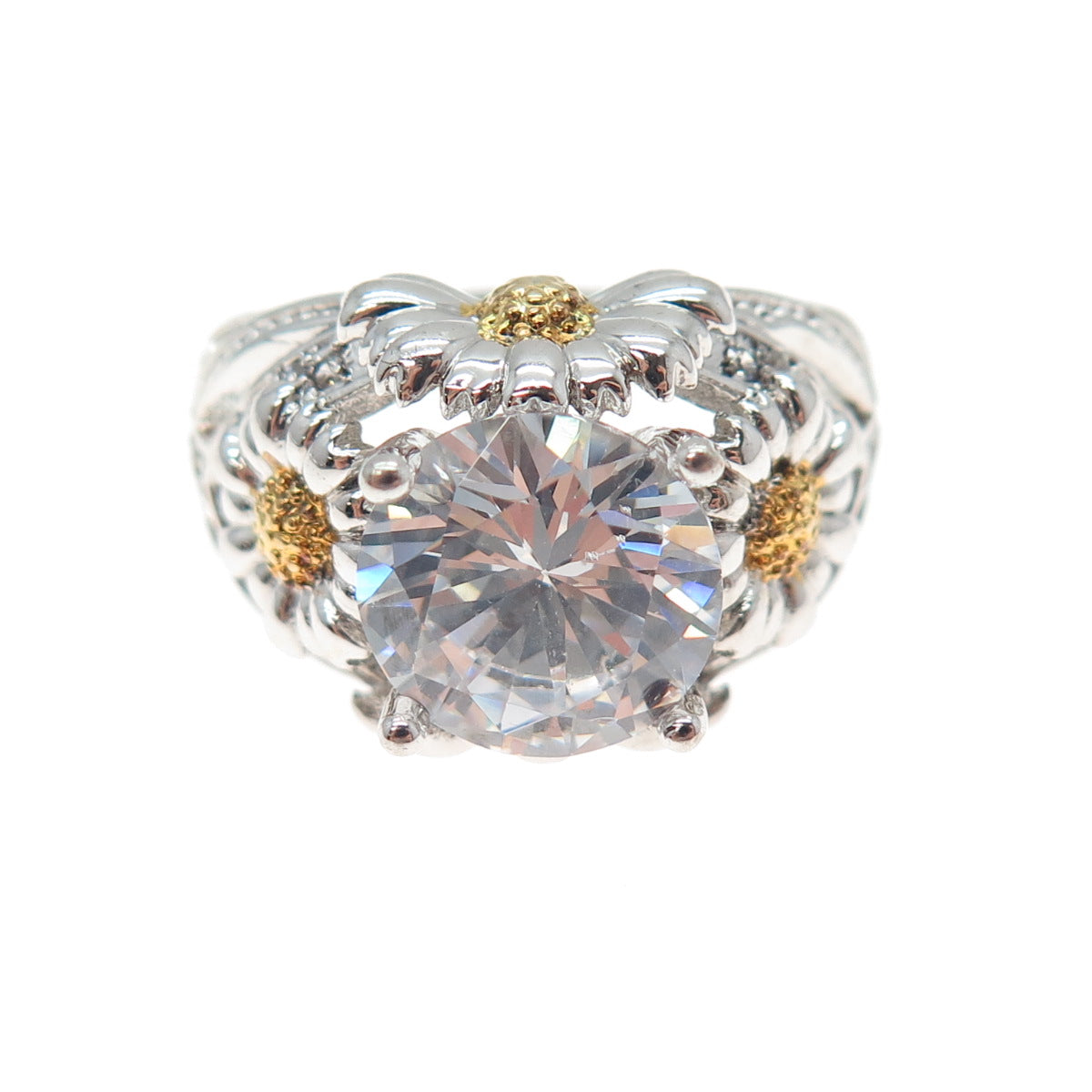 925 Sterling Silver 2-Tone Round-Cut C Z Daisy Flower Ring Size 8.25