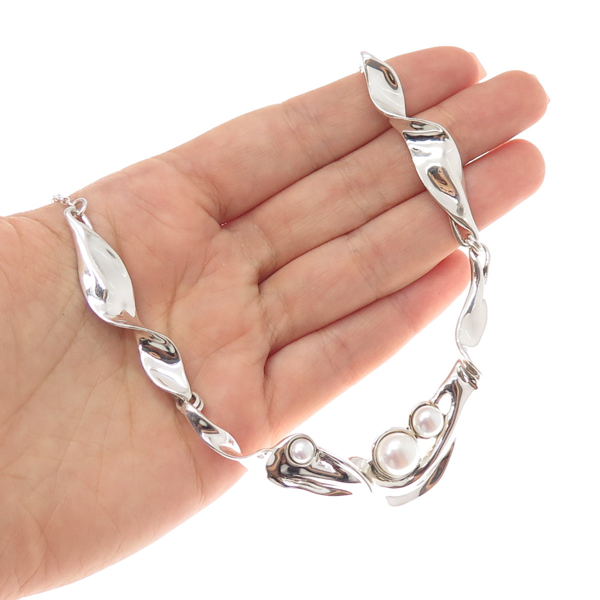 HAGIT GORALI 925 Sterling Silver Vintage Real Pearl Modernist Chain Necklace