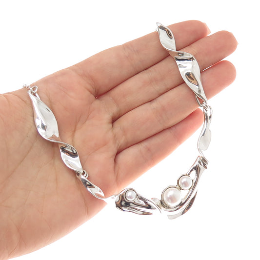 HAGIT GORALI 925 Sterling Silver Vintage Real Pearl Modernist Chain Necklace