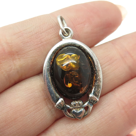 THE JEWELLERY HOUSE Sterling Silver Vintage Ireland Real Amber Claddagh Pendant