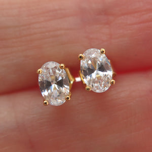 925 Sterling Silver Gold Plated Oval-Cut C Z Stud Earrings