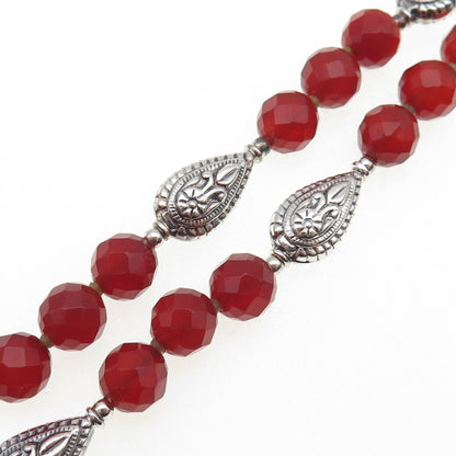 925 Sterling Silver Vintage Real Carnelian Floral Beaded Chain Necklace 18-20"