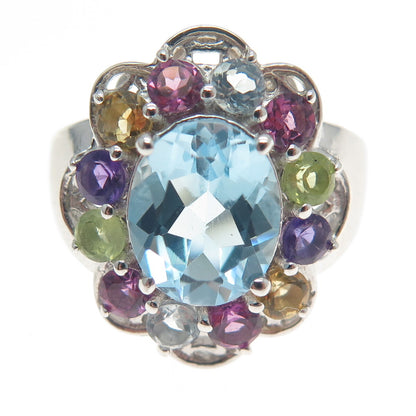 925 Sterling Silver Real Topaz Amethyst Peridot Citrine & Tourmaline Ring Size 7