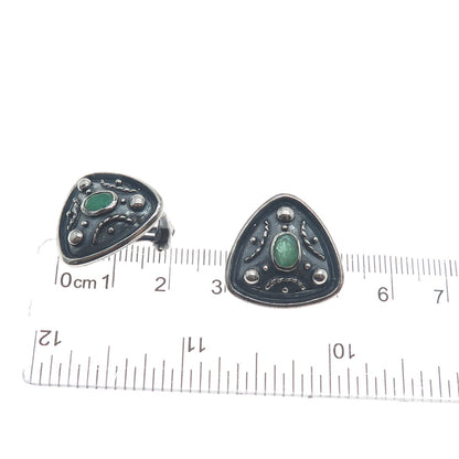 925 Sterling Silver Vintage Real Emerald Modernist Oxidized Clip On Earrings