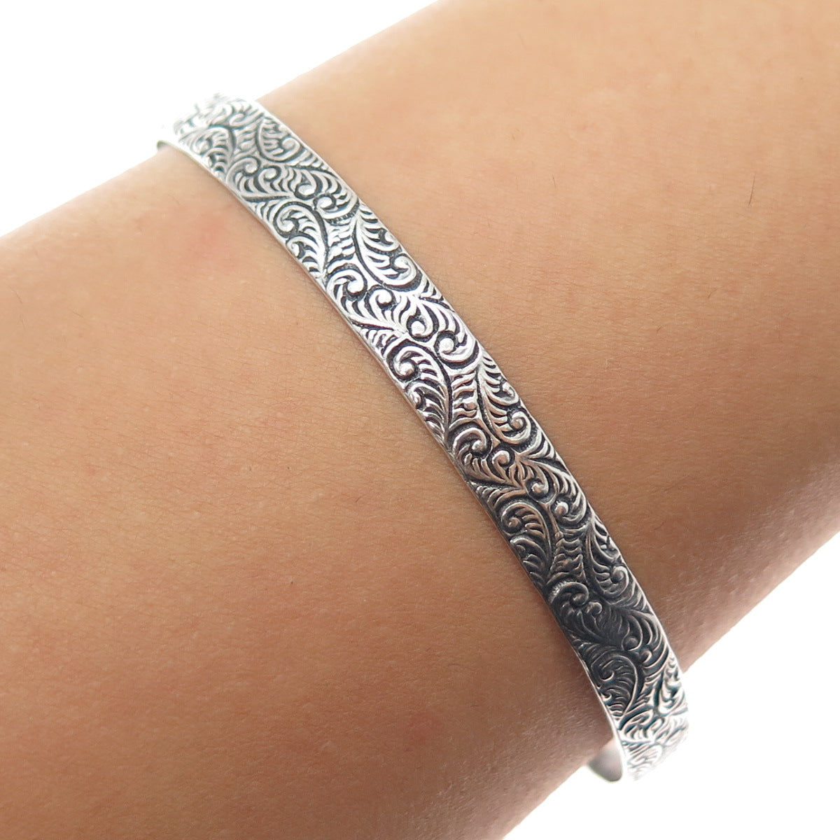 MICHELE 925 Sterling Silver Antique Art Deco Floral Scroll Bangle Bracelet 8"