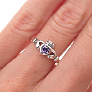 925 Sterling Silver Vintage Lavender C Z Irish Claddagh Oxidized Ring Size 5