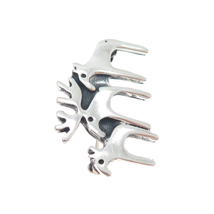925 Sterling Silver Vintage Modernist Moose Family Oxidized Pin Brooch