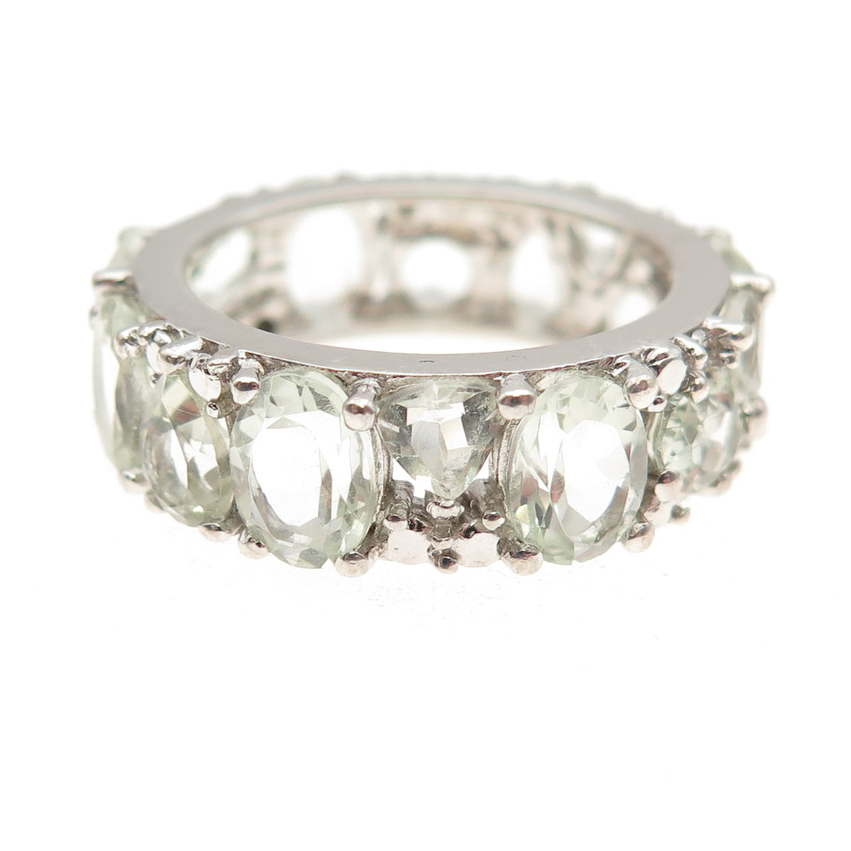 925 Sterling Silver Real Multi-Cut Green Amethyst Cluster Band Ring Size 8.25