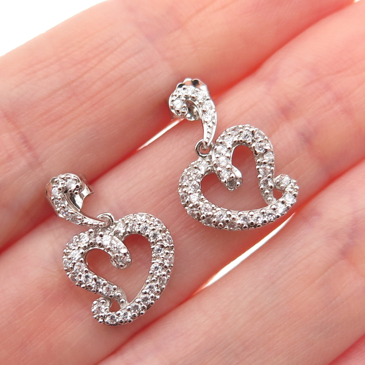 925 Sterling Silver Round-Cut C Z Heart Dangle Earrings