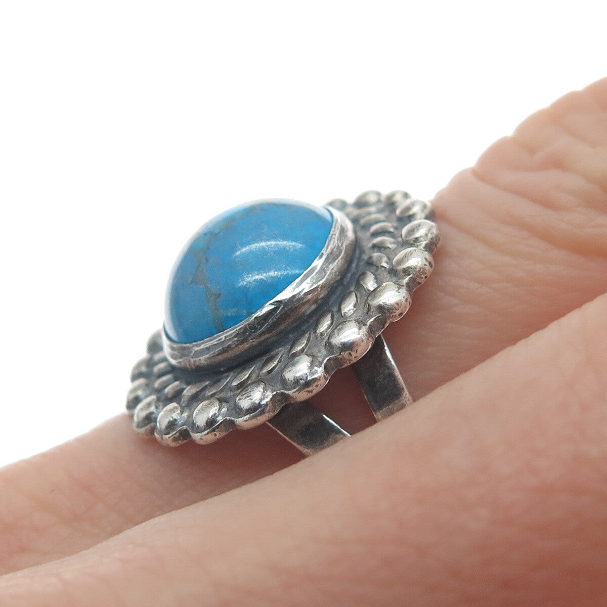 Old Pawn 925 Sterling Silver Vintage Turquoise Beaded Sun Oxidized Ring Size 6.5