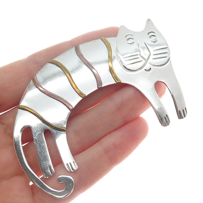 925 Sterling Silver 3-Tone Vintage Mexico Modernist Cat Cartoon Pin Brooch