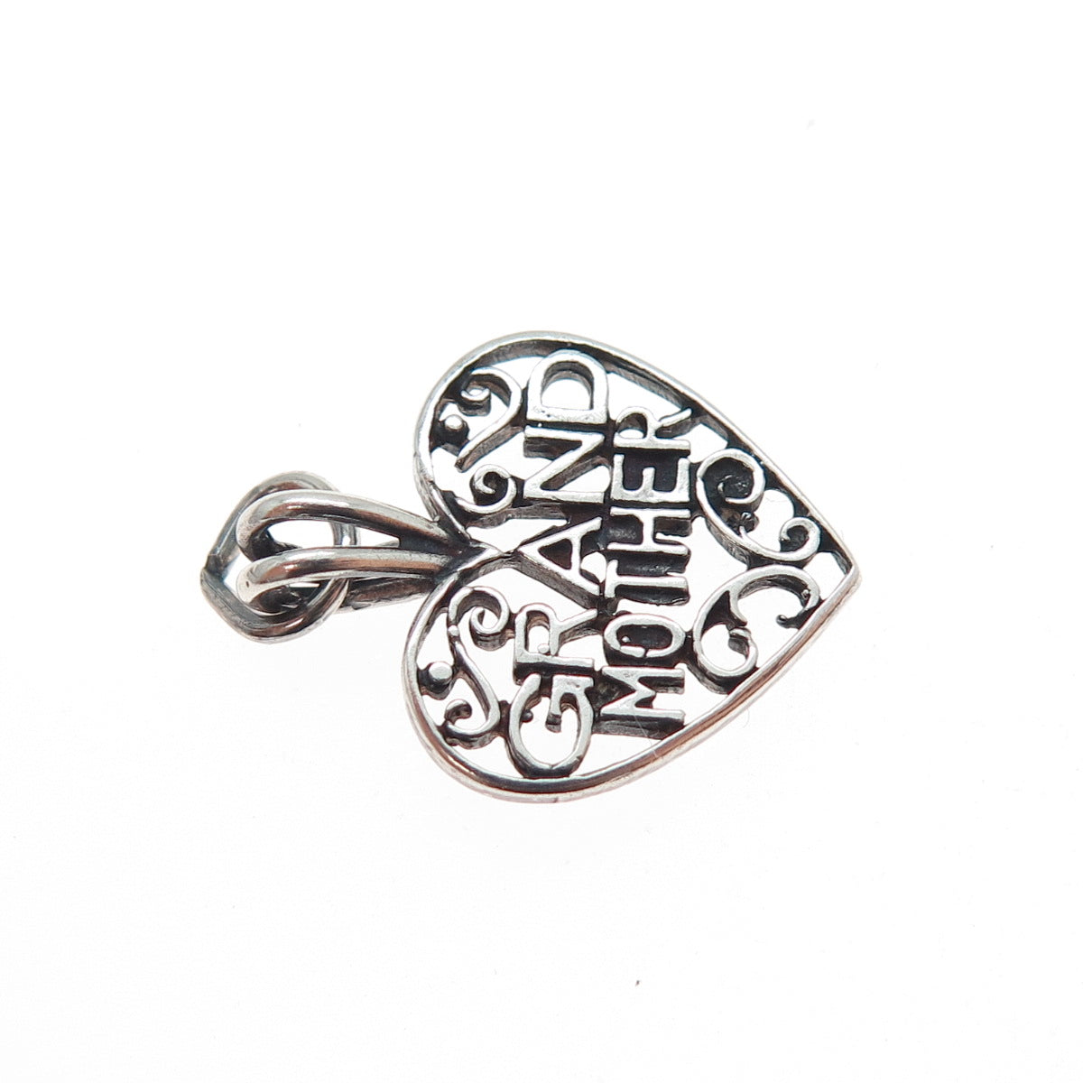 925 Sterling Silver Vintage Grandmother Heart Oxidized Minimalist Charm Pendant