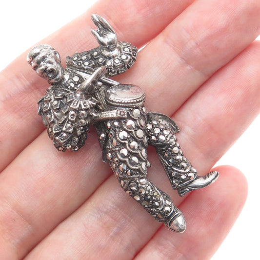935 Silver Vintage Real Marcasite Parade / Festival Drummer Oxidized Pin Brooch