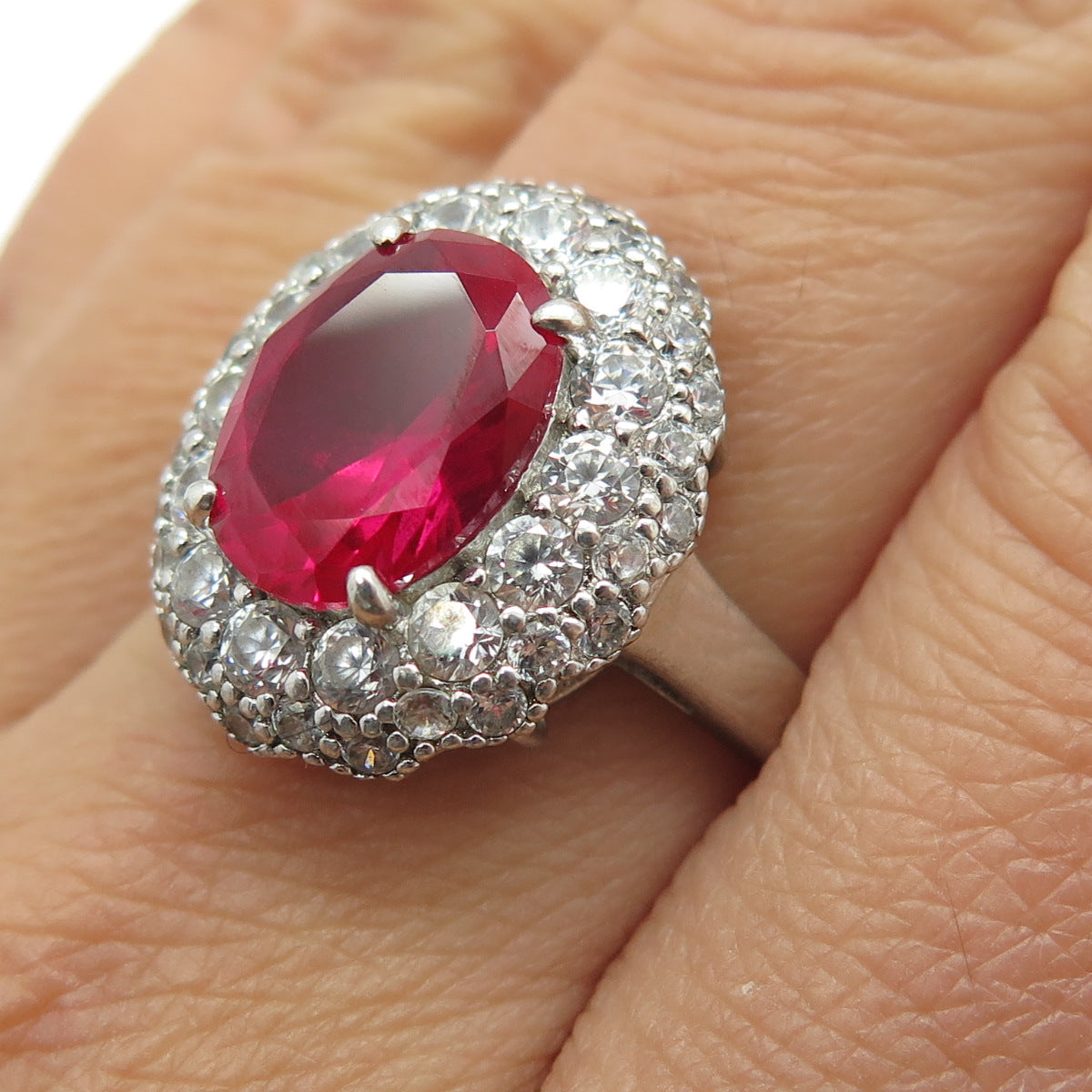 925 Sterling Silver Lab-Created Ruby & Round-Cut Shaped C Z Ring Size 7.75