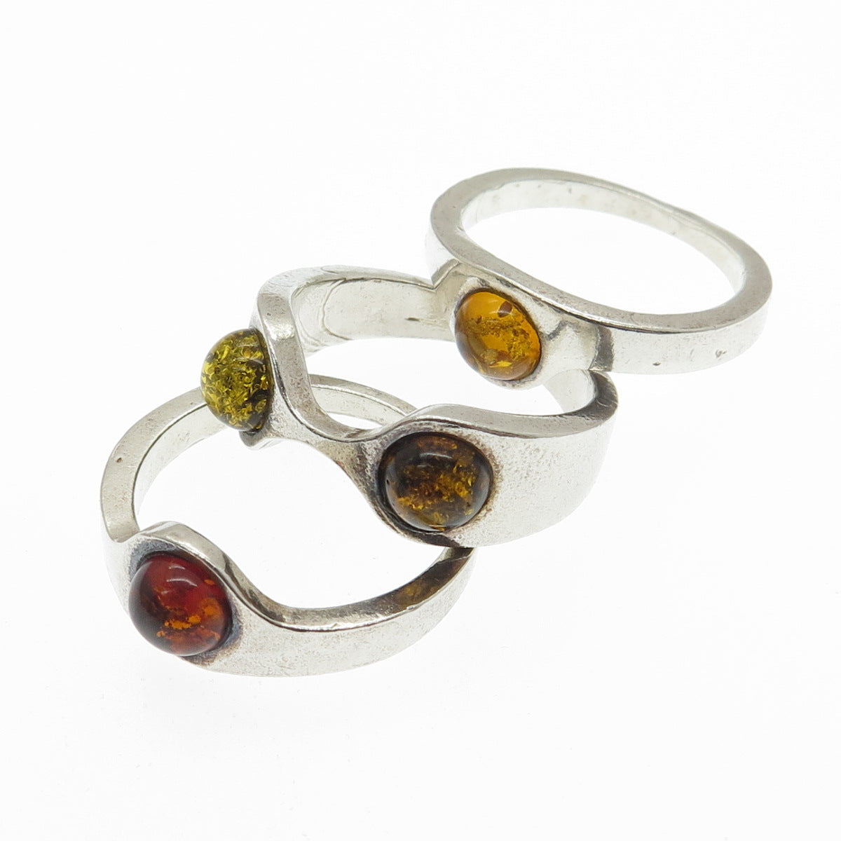 925 Sterling Silver Vintage Poland Real Amber SET of 3 Stackable Rings Size 8.5