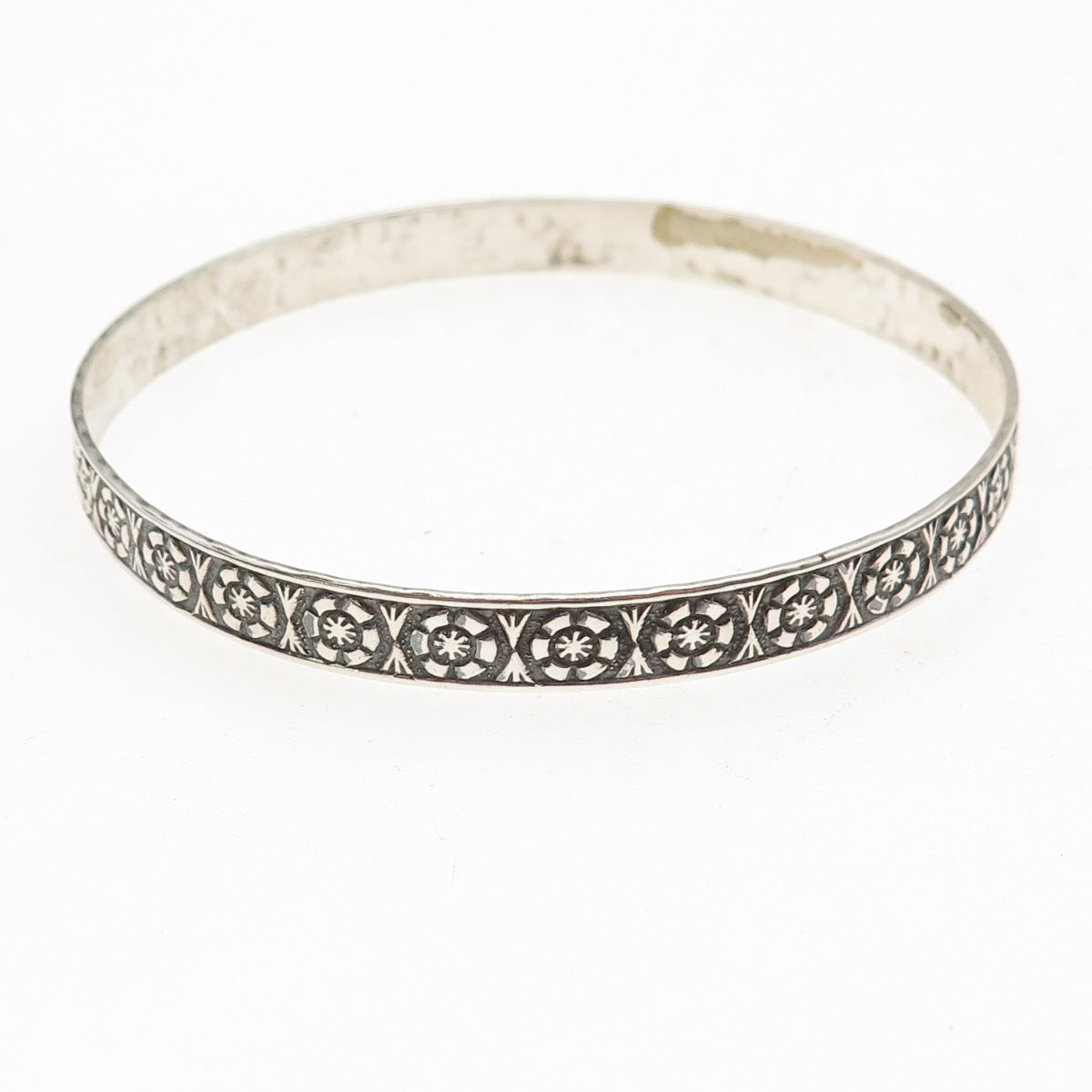 925 Sterling Silver Antique Art Deco Floral Oxidized Bangle Bracelet 8"