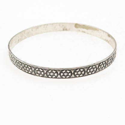 925 Sterling Silver Antique Art Deco Floral Oxidized Bangle Bracelet 8"
