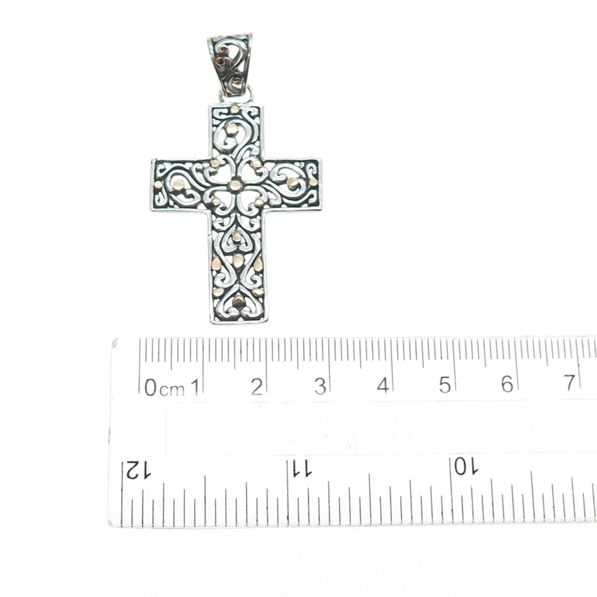 925 Sterling Silver 18K Gold Vintage Floral Cross Oxidized Charm Pendant