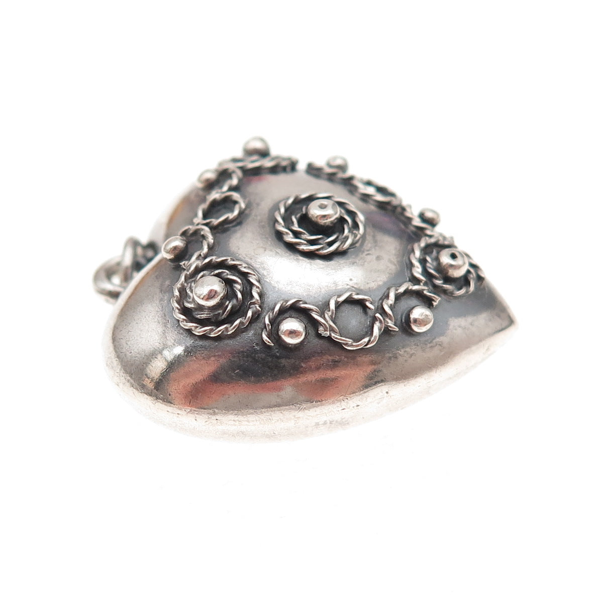 925 Sterling Silver Antique Art Deco Chatelaine Heart Oxidized Charm Pendant