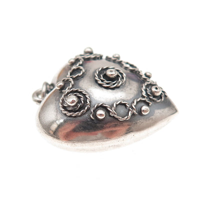 925 Sterling Silver Antique Art Deco Chatelaine Heart Oxidized Charm Pendant