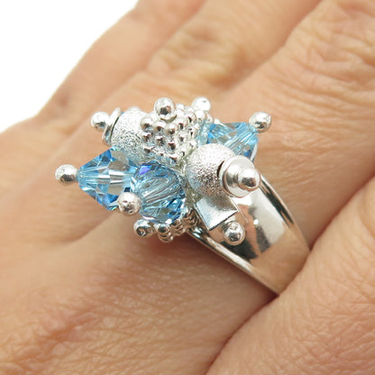 925 Sterling Silver Vintage Blue Glass Bead Charm Ring Size 9