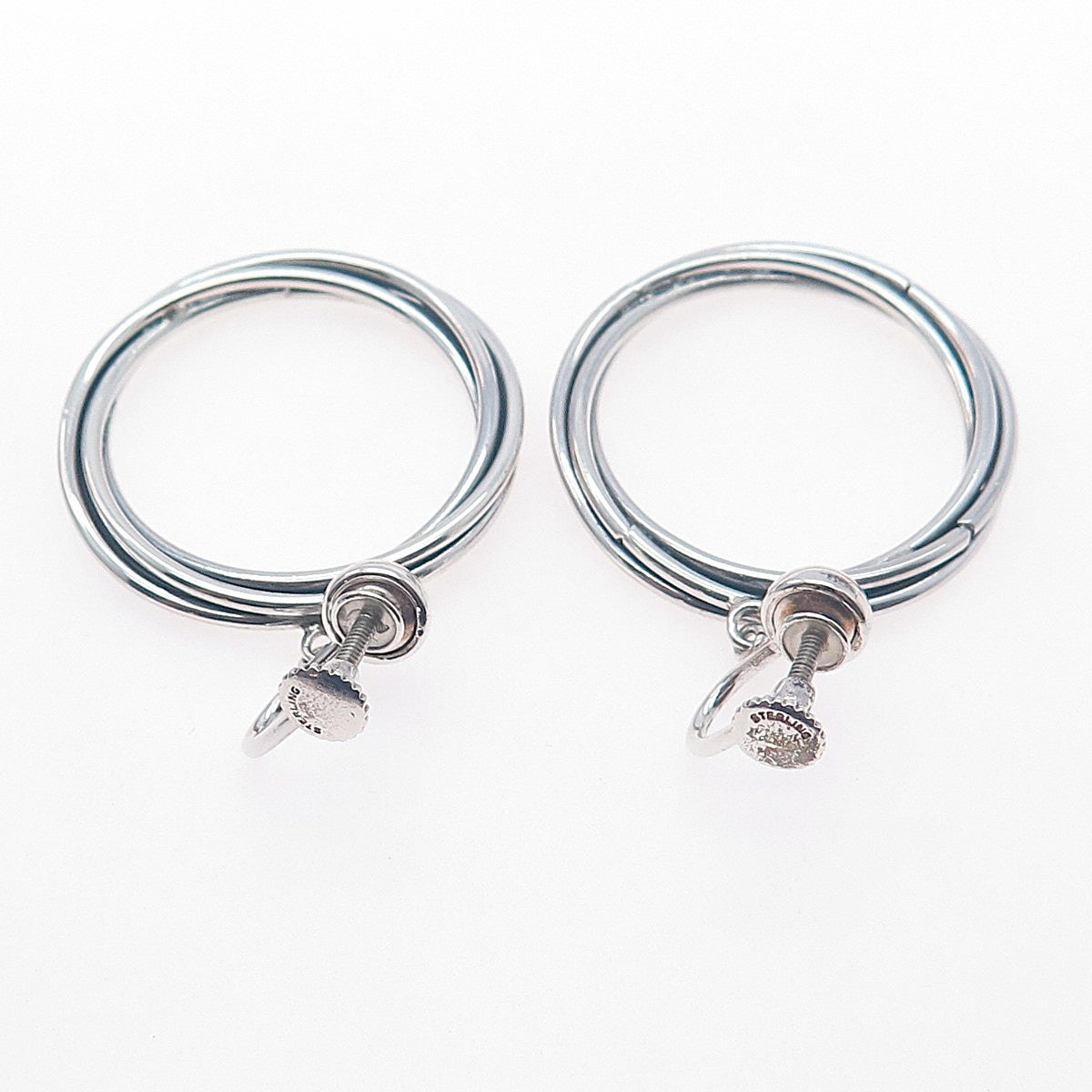 925 Sterling Silver Vintage Modernist Trinity Circle Dangle Screw Back Earrings