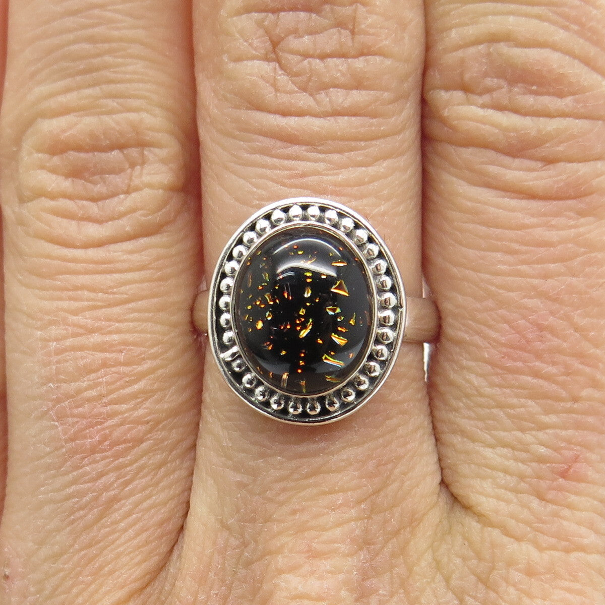 925 Sterling Silver Vintage Real Amber Beaded Ring Size 7.25