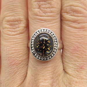 925 Sterling Silver Vintage Real Amber Beaded Ring Size 7.25