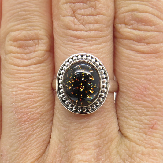 925 Sterling Silver Vintage Real Amber Beaded Ring Size 7.25